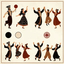 game asset sheet, material study, 2 d sprite, 1 9 0 0 s era characters from california dancing and singing in the style of 1 4 0 0 s arabic motifs