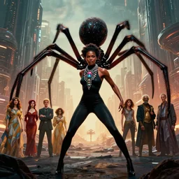 realistic detailed photorealistic film portrait shot of a beautiful black woman with a giant spider, sci fi city landscape background by denis villeneuve, amano, yves tanguy, alphonse mucha, ernst haeckel, david lynch, edward robert hughes, roger dean, cyber necklace, dynamic pose, rich moody colours, wide angle