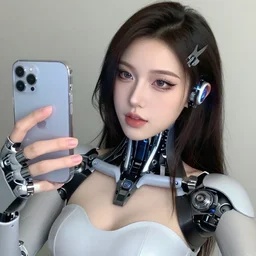 A beautiful cybernetic woman, selfie