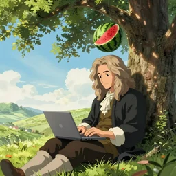 isaac newton sitting under a tree on a hill, reading from a mac - book laptop, a watermelon is falling on his head, a cartoon in the style of anime