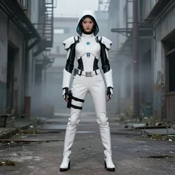 beautiful fashion model with white sci - fi tactical gear, black leather garment, hologram sci - fi hood, full shot fashion photography, misty alleyway, abandoned factory, battle ready, cinematic color light, by irving penn and storm thorgerson, ren heng, peter elson