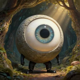 a complex funny giant eye mr bean stone wizard, in forest cave. very low angle photograph, highly detailed, 8 k, octane render, trending on artstation, realistic, smooth, high contrast, soft colors, rays of golden sunlight, oil paintingblack suit by atey ghailan, by greg rutkowski, by greg tocchini, by james gilleard, by joe fenton, by kae