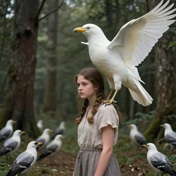 A girl in the woods surrounded by a flock of birds. She is their leader. A large albino bird is perched on her shoulder. By Ruan Jia, Norman Rockwell and Geoffroy Thoorens, Trending on ArtStation. Masterpiece. Rule of thirds.