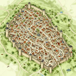 wallpaper medieval city tourist map twisty streets, towers, city wall, temples, market square, d & d, engraving, isometric view, ocean port, market, castle, cartoony
