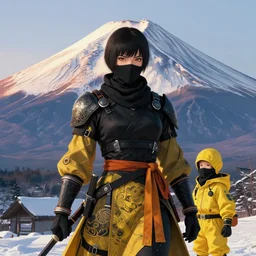 portrait ninja gaiden girl, black plus little yellow ninja wardrobe, at snowy fuji mountain sunrise, ssci - fi and fantasy, intricate and very very beautiful, detailed, digital painting, artstation, concept art, smooth and sharp focus, illustration, art by tian zi and wlop and alphonse mucha