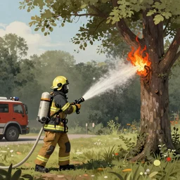 firefighters spraying tree with fire from firehose, extremely detailed award winning illustrations