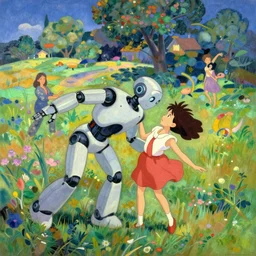robot falling in love in a beautiful landscape, by paul gauguin and simon stalenhag and victo ngai, beeple, anime fantasy illustration by tomoyuki yamasaki, kyoto studio, madhouse, ufotable, square enix, cinematic lighting, trending on artstation, happy color scheme