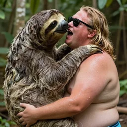 a leaked dramatic photo of a fat man kissing the worlds largest sloth. the fat man is very very sweaty, has long blonde hair, is wearing a swimsuit, 1 9 9 8 sunglasses and he is screaming in pleasure