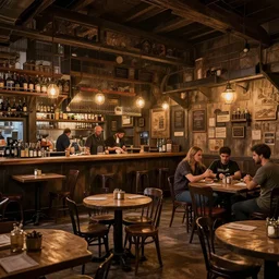 Matte painting of a busy tavern, volumetric lighting, high details, 4k, photo realistic