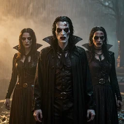 creepy horror, Vampire Chronicles characters, fog, rain, volumetric lighting, beautiful, golden hour, sharp focus, ultra detailed, cgsociety