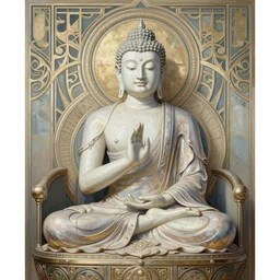 breathtaking detailed concept art painting art deco pattern a beautiful modern westernized buddha with pale skin on sitted on an intricate metal throne, hands pressed together in bow, light - blue flowers with kind piercing eyes and blend of flowers and birds, by hsiao - ron cheng and john james audubon, bizarre compositions, exquisite detail, soft volumetric lighting, 8 k h 1 0 2 4