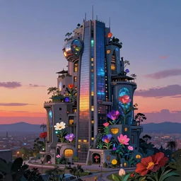 architecture by georges seurat, at dawn at dusk fantasy studio ghibli futuristic postcyberpunk vice city flowers gem desert sunset cyberpunk, archdaily, wallpaper, highly detailed, trending on artstation.