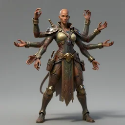 dynamic fullbody portrait of female kasatha!!! big headed bald scientist from starfinder kasatha race, scifi military attire, four arms, kasatha pathfinder, super detailed, hd, starfinder art, by marko horvatin, artgerm, michael cheval, gerald brom