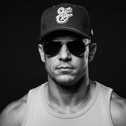 Stunning character portrait of a muscular veteran with stubble wearing aviator sunglasses and an orioles baseball cap. Black and white photography.