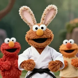a brown fluffy elmo muppet with big soft rabbit ears in a karate uniform out in nature, photography, photorealistic, muppet, national geohraphic, sesame street, puppet muppets