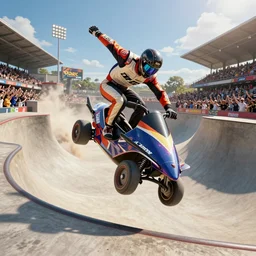 roman chariot racer jumping in a skate park half-pipe, video game cover, intense, high detail, crowd cheering, wide lense, style of Tony Hawk
