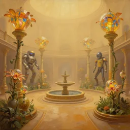 a minimalist oil painting by donato giancola, warm coloured, cinematic scifi luxurious futuristic foggy steam filled victorian garden circular courtyard with bulbous stained glass flowers growing out of pretty bulbous ceramic fountains, gigantic pillars and flowers, maschinen krieger, beeple, star trek, star wars, ilm, star citizen, mass effect, artstation, atmospheric perspective