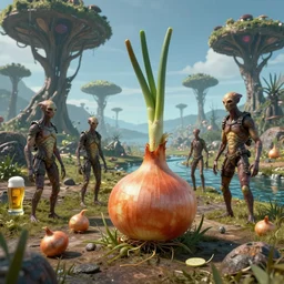 a photo of several beings on an alien planet where a humanoid species are evolved from onions, there are strange trees in the background and a river of lager, highly detailed