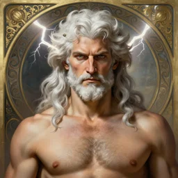 painted portrait of rugged zeus, piercing eyes, god of thunder, greek god, white hair, masculine, mature, handsome, upper body, muscular, hairy torso, fantasy, intricate, elegant, highly detailed, digital painting, artstation, concept art, smooth, sharp focus, illustration, art by gaston bussiere and alphonse mucha