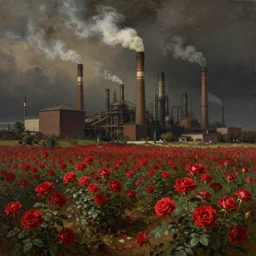 a beautiful painting of a factory with smoking chimneys, red rose fields, dark style, little roses, very detailed, soft light effect, stable pipeline, super wide, big scene, by albert bierstadt and greg rutkowski and thomas heatherwick, 4 k hd, trending on artstation ， ultrawide viewn and highly detailed, ultrawide lens, very high detailed
