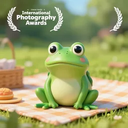 Little Pepe the Frog sitting on a picnic in the park. 25mm, focused, masterpiece, soft lights, International Photography Awards, photo by Steve Hanks, art by Yoshitaka Amano