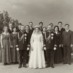 A wide full shot, colored black and white Russian and Japanese mix historical fantasy a photograph portrait taken of the royal wedding two choirs, photographic portrait, warm lighting, 1907 photo from the official wedding photographer for the royal wedding.