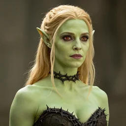A still from “Lord of the Rings” of a head and shoulders action shot of a light-green-skinned, athletic female half-elf with shoulder-length blonde hair, red-and-gold irises, wearing black thorny vines as a choker, photo by Phil Noto