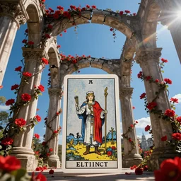 Broken arches leading to the pillars of eternity draped with red flowers and vines, blue sky, lens flare, a sense of mystery, cinematic, ultra detailed, tarot card by Rembrandt,-W 768