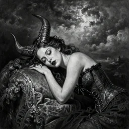 By Tom Bagshaw, ultra realist soft painting of curiosities carnival by night, very beautiful horn sleeping female gothic wearing corset, partial symmetry features, very intricate details, omnious sky, black and white, volumetric light clouds