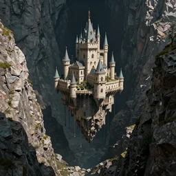 immense floating one castle, in the middle of high mountains, hanging by chains, inside a gorge, below only darkness, contrast, void, 8 k resolution, artstation trends, by simon bisley, beeple, justin gerard