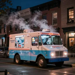 tilt - shift photography of ice cream trucks in front of brooklyn tenement buildings at night, steam vents, vaporwave