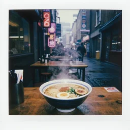 a street noodle bar in an alley in the rainy city of london in the year 2 3 0 0, a steaming bowl of ramen sitting on the table against the rainy background of neon signs, cyberpunk, futuristic, grungy, film grain, polaroid photograph