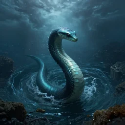 top down view of an alien sea serpent emerging from a deep ocean during a storm, cinematic lighting, dramatic, masterpiece, trending on artstation