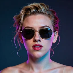Scarlett Johansson in sunglasses, photorealistic, portrait, neon noire, artwork by Caravaggio