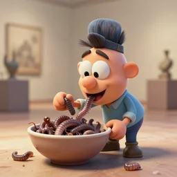 postman pat devouring a bowl of worms, unreal engine, c 4 d, maya, museum ink painting, smooth, natural background, cinematic lighting, 8 k, artstation, concept art, aesthetic