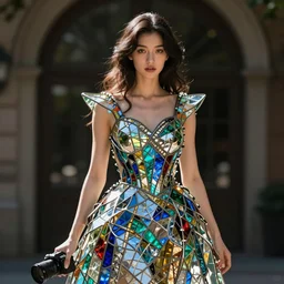 beautiful woman wearing a dress made of stained glass, crazy detailed, light, translucent, reflection, 35mm lens, mirrorless camera, 4K