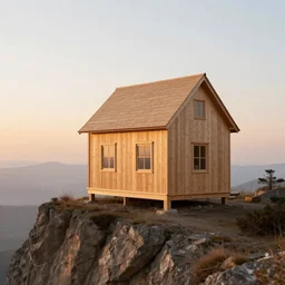 house made of wood, on a cliff, sunrise, 3 5 mm photography