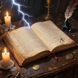 a gonzo illustration of an open spellbook on an antique table, melting candles, sacrificial dagger, ink and quill, coin, micro details, masterpiece, dramatic lightning, very high details, diagonal view, by frazetta