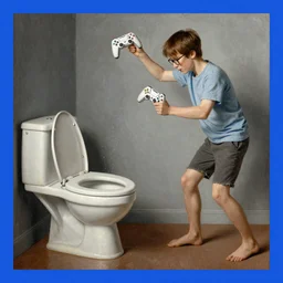 white boy with brown hair and glasses throwing a video game into a toilet, scott wozniak, scott the woz!!!!!!, renaissance painting, blue border