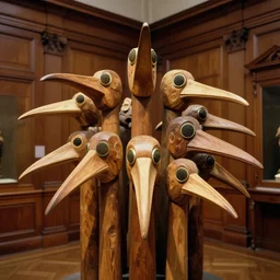 realistic photo portrait of the a sculpture of a group portrait of heads with long beaks made of wood, eyes made of caviar poorly designed in style of arte povera, fluxus, dadaism, joseph beuys, ugly made, low quality standing in the wooden polished and fancy expensive wooden museum interior room 1 9 9 0, life magazine reportage photo