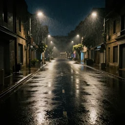 empty street, at night, rain, by wlop