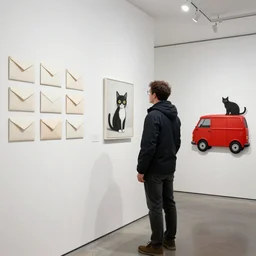 postman pat visits a gallery, contemporary art, paintings of envelopes, black and white cat, sculpture of a red van, white gallery, contemporary art, photorealistic
