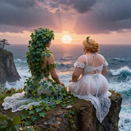a stunning 3 d rendered landscape of voluptuous poison ivy and thicc palutena in gossamer white dresses sitting on a cliff face in the rain watching the sunrise over the ocean, turbulent ocean in the background, intricate, elegant, highly detailed, artstation, ultra sharp focus, octane render, volumetric lighting, god rays, art by jugendstil and alphonse mucha