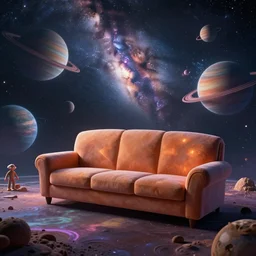 psychedelic trippy couch in space, planets, milky way, sofa, cartoon