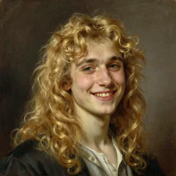 Painting of daniil trifonov with long fluffy curly blond hair. beautiful long golden blonde hair. Young. Smiling. Happy. Cheerful. Art by william adolphe bouguereau. Very very very very very very very very very very very very much detailed. Beautiful. 4K. Award winning.