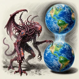 a breathtaking 3 d pencil drawing of an incommensurable, malevolent entity, anti life, light bends to it unnaturally, approaching earth, lovecraftian horror, saturated colors, digital art, catalogue raisonne, autodesk maya, cinema 4 d, hyperrealism, anthropomorphism, ultra detailed, 3 point perspective, by fredo