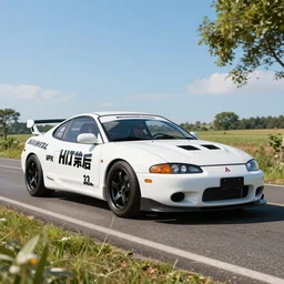 a car and driver magazine photo colorful sunny countryside road of a white pearl  2003 Mitsubishi eclipse heavily modified and customized as a performance tune street racing, black rims, samurai vinyl wrap, cinematic lighting, art station, volumetric light, low angle camera, octane render, art station