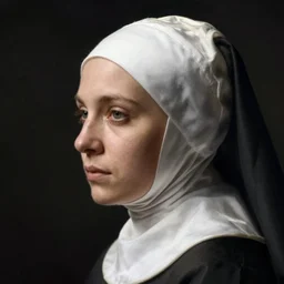 a woman's face in profile, white balaclava and nun's habit, in the style of the dutch masters and gregory crewdson, dark and moody