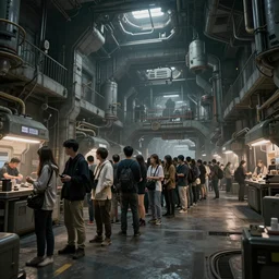 a long queue of people standing in a huge underground dystopian factory, low camera angle, hyperdetailed, artstation, cgsociety, 8 k