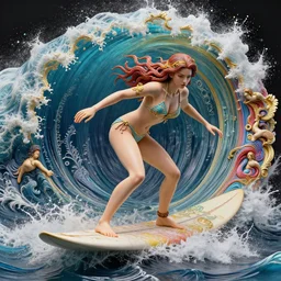 bikini girl surfing mulitcolor waves, art by chris dyer, stanley artgerm lau, wlop, rossdraws, james jean, andrei riabovitchev, marc simonetti, yoshitaka amano photorealistic, high resolution, vray, hdr, hyper detailed, insane details, intricate, elite, ornate, elegant, luxury, dramatic lighting, octane render, weta digital, micro details, 3 d sculpture